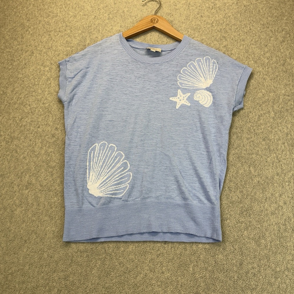 LOFT Outlet Women's Seashell Graphic Knit Top Blue Short Sleeve Coastal XS